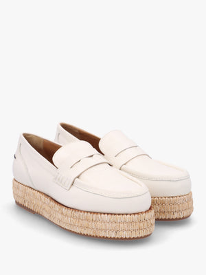 Campion White Leather Raffia Trim Loafers