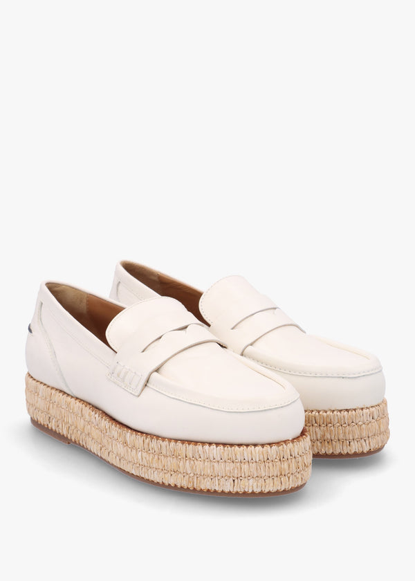 Campion White Leather Raffia Trim Loafers