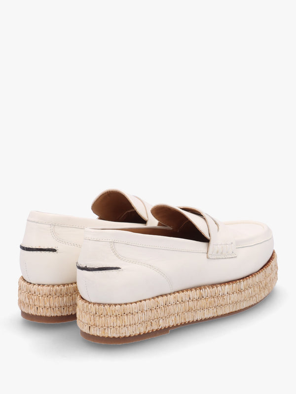 Campion White Leather Raffia Trim Loafers