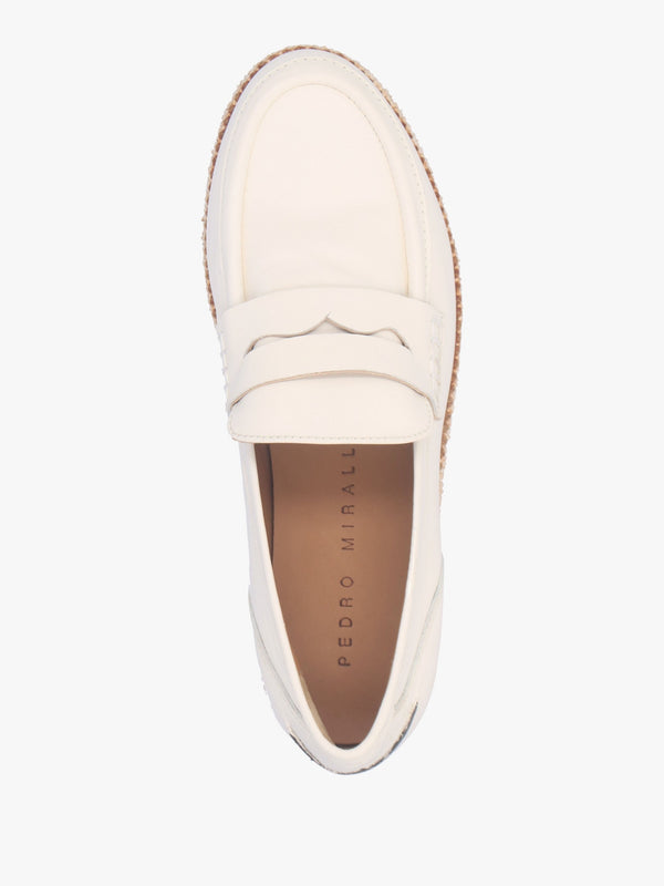 Campion White Leather Raffia Trim Loafers
