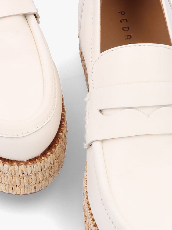 Campion White Leather Raffia Trim Loafers