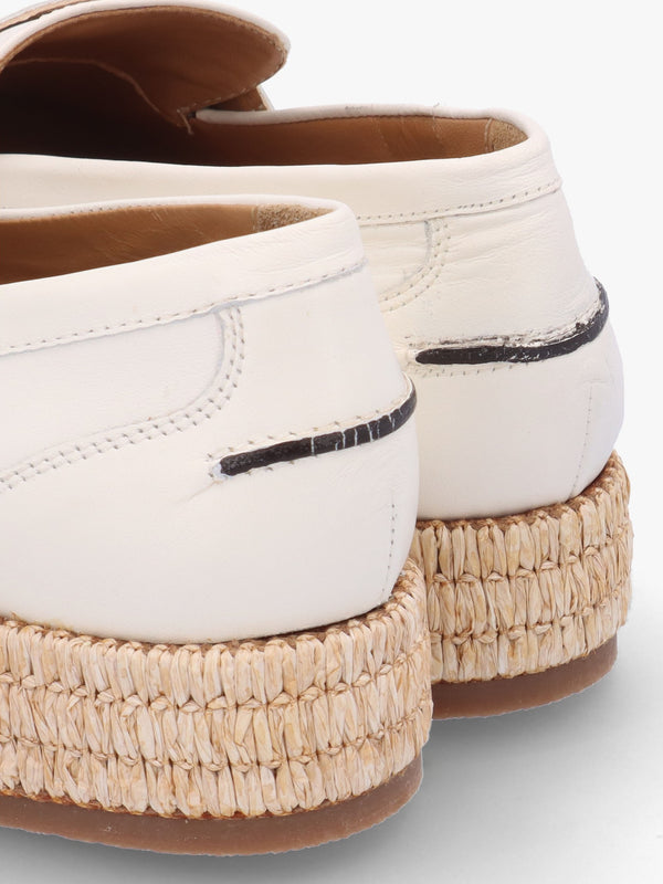 Campion White Leather Raffia Trim Loafers