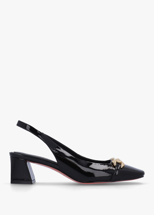 Sachay Black Patent Leather Sling Back Court Shoes