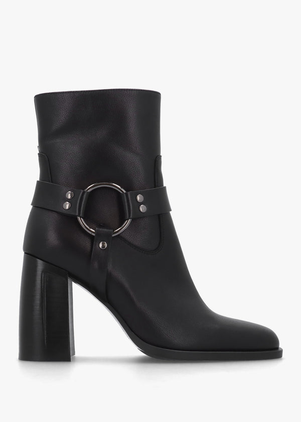 Sarny Black Leather Block Heel Ankle Boots