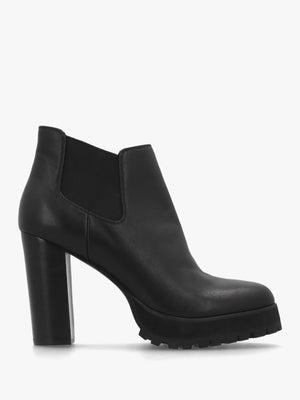 Shlock Black Leather Low Cut Platform Block Heel Ankle Boots