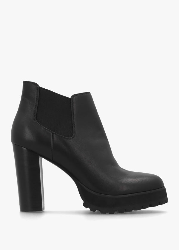 Shlock Black Leather Low Cut Platform Block Heel Ankle Boots