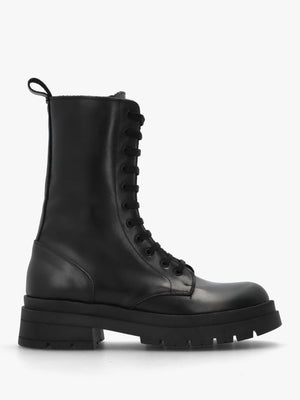 Black Leather High Shaft Lace Up Biker Boots