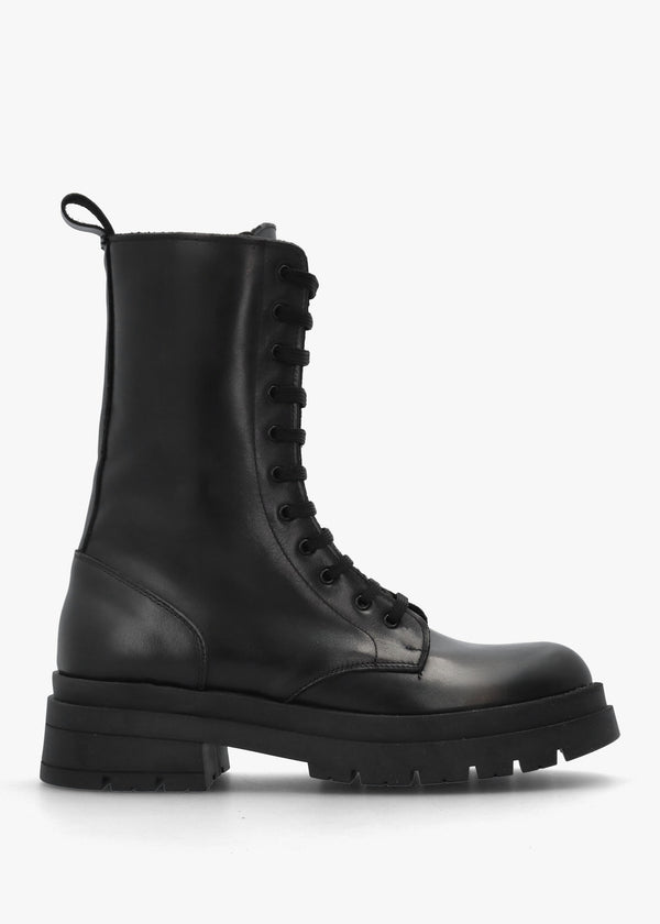 Black Leather High Shaft Lace Up Biker Boots