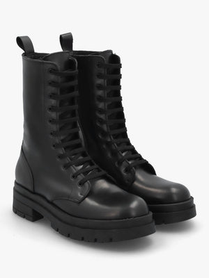 Black Leather High Shaft Lace Up Biker Boots