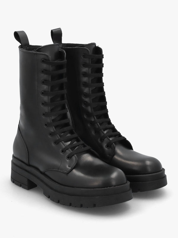 Black Leather High Shaft Lace Up Biker Boots