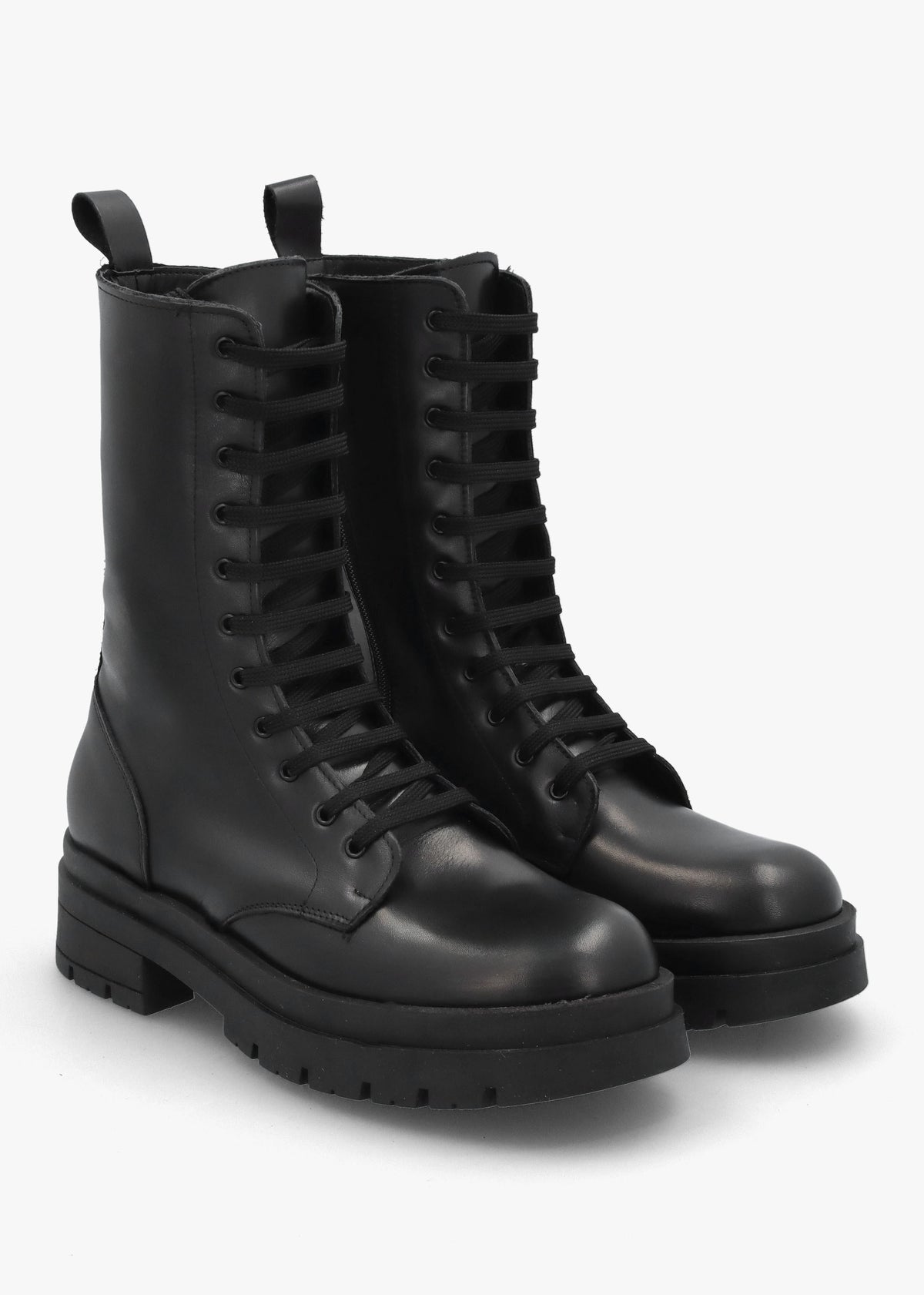 Black Leather High Shaft Lace Up Biker Boots
