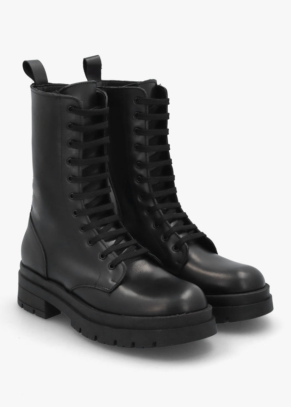Black Leather High Shaft Lace Up Biker Boots