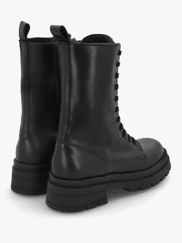 Black Leather High Shaft Lace Up Biker Boots