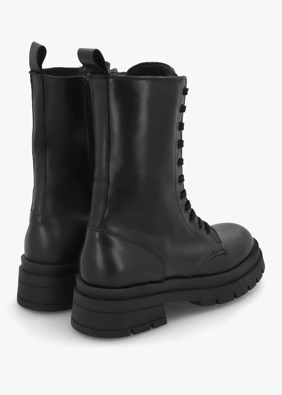 Black Leather High Shaft Lace Up Biker Boots