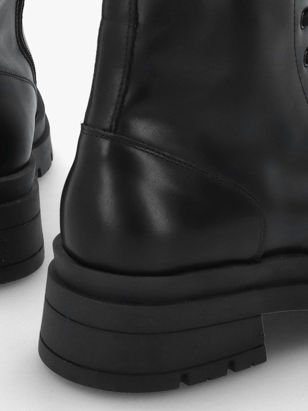 Black Leather High Shaft Lace Up Biker Boots