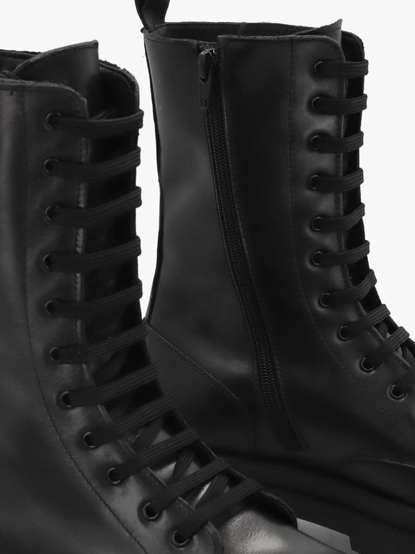 Black Leather High Shaft Lace Up Biker Boots