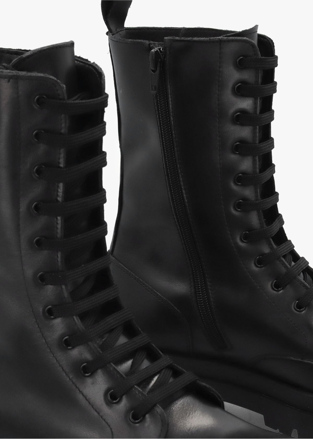 Black Leather High Shaft Lace Up Biker Boots
