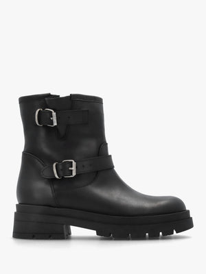 Black Leather Double Buckle Chunky Biker Boots