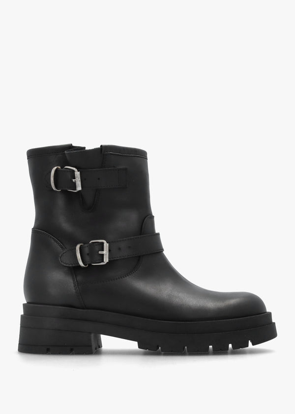 Black Leather Double Buckle Chunky Biker Boots