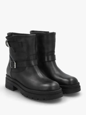 Black Leather Double Buckle Chunky Biker Boots