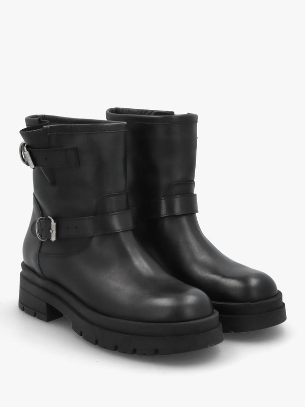 Black Leather Double Buckle Chunky Biker Boots