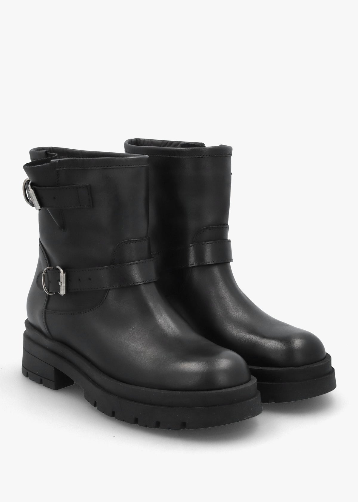 Black Leather Double Buckle Chunky Biker Boots