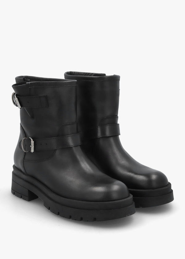 Black Leather Double Buckle Chunky Biker Boots