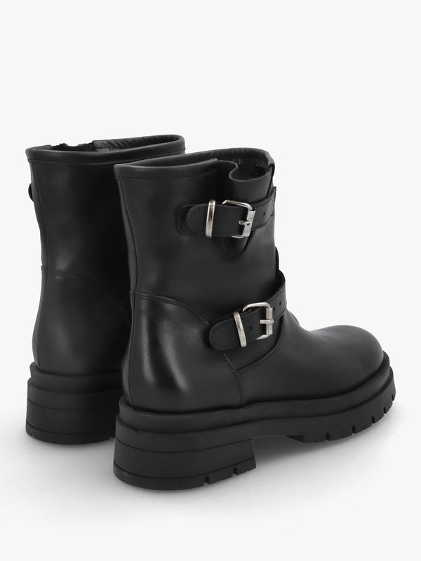 Black Leather Double Buckle Chunky Biker Boots