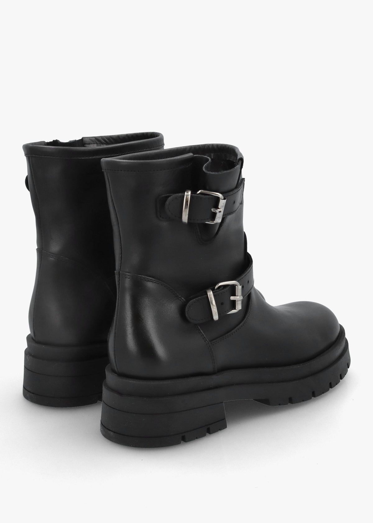 Black Leather Double Buckle Chunky Biker Boots