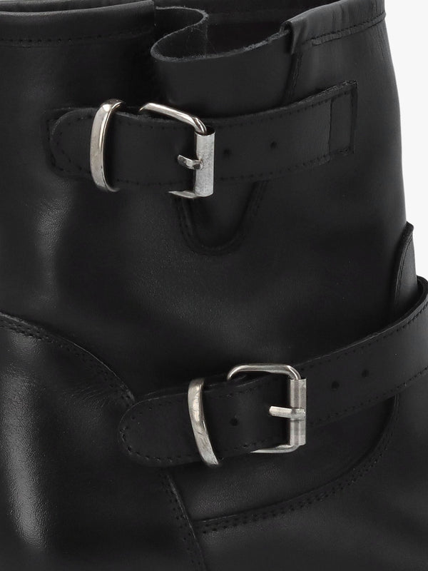 Black Leather Double Buckle Chunky Biker Boots
