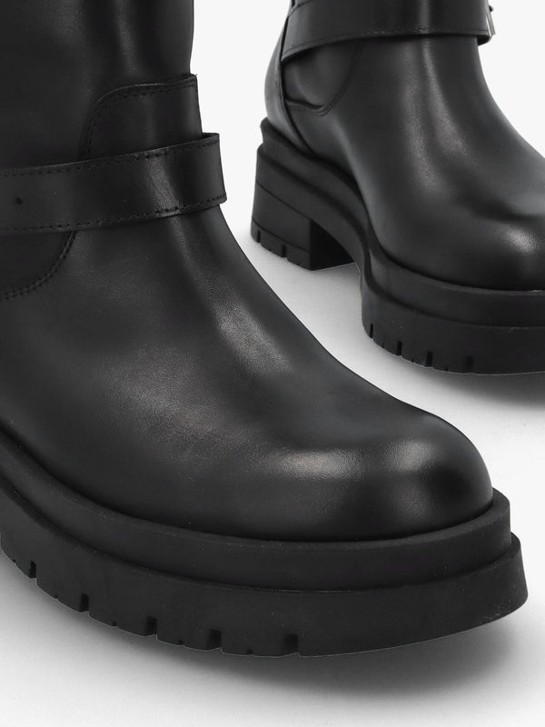 Black Leather Double Buckle Chunky Biker Boots