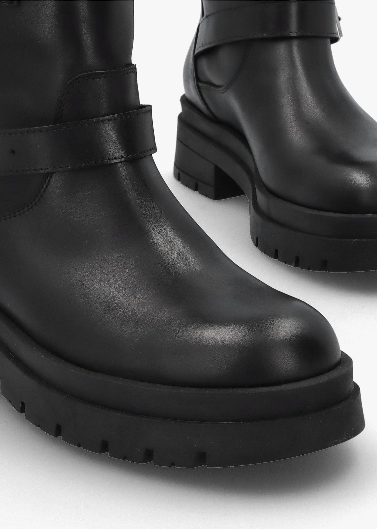Black Leather Double Buckle Chunky Biker Boots