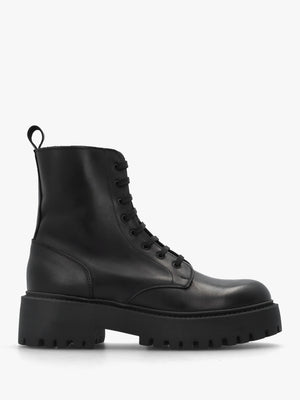 Black Leather Lace Up Chunky Ankle Boots
