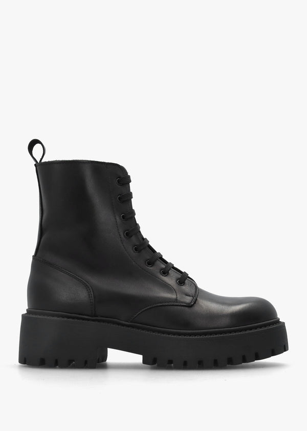 Black Leather Lace Up Chunky Ankle Boots