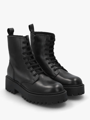 Black Leather Lace Up Chunky Ankle Boots