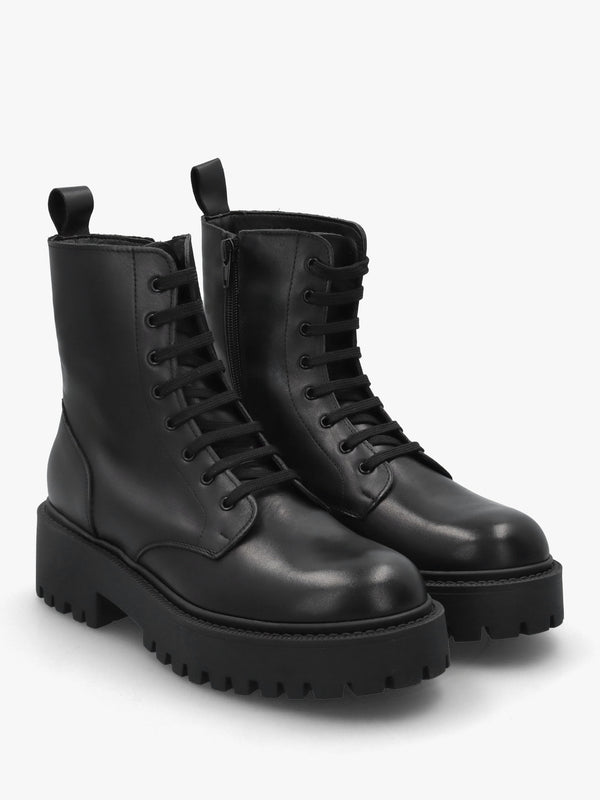 Black Leather Lace Up Chunky Ankle Boots