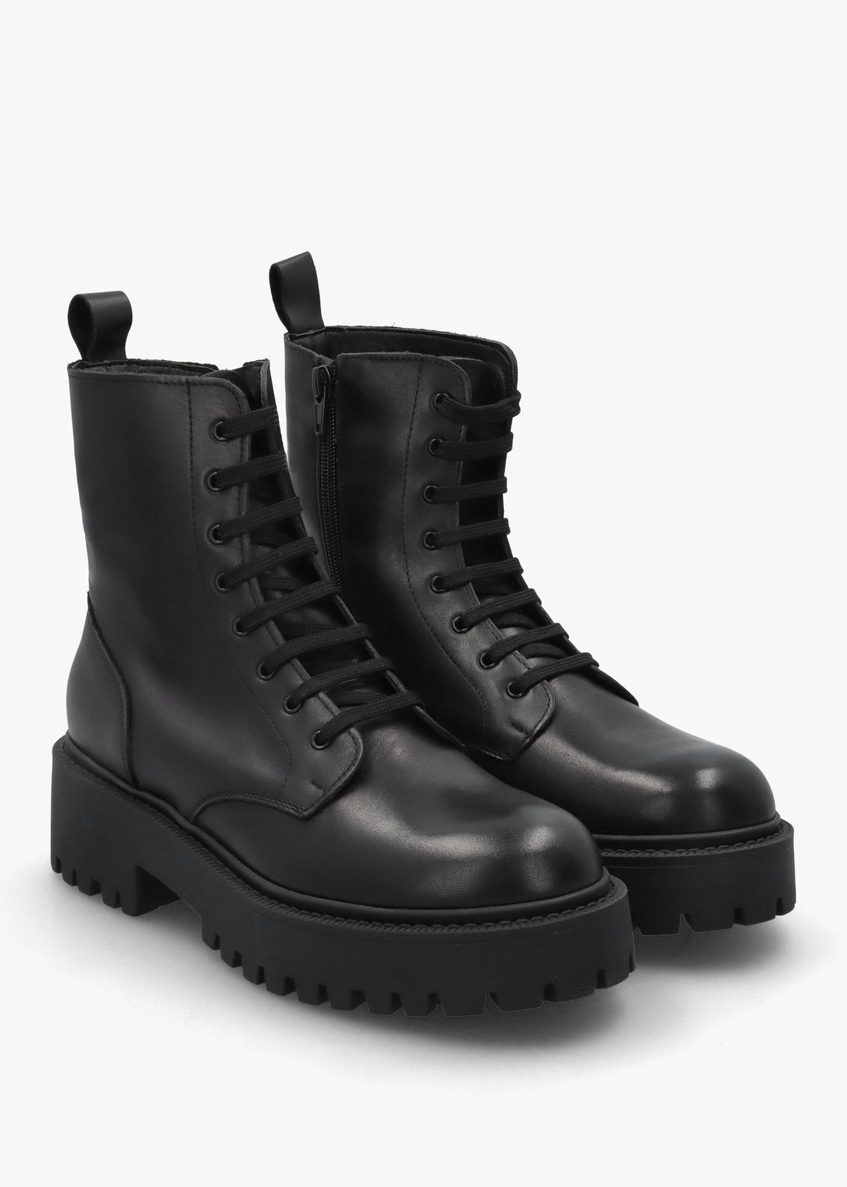 Black Leather Lace Up Chunky Ankle Boots