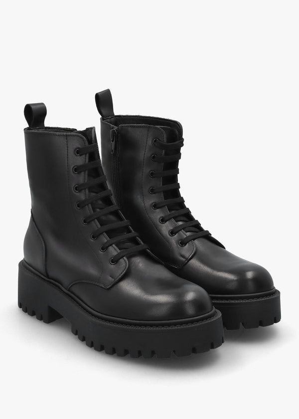 Black Leather Lace Up Chunky Ankle Boots