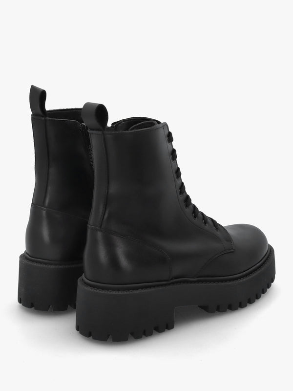 Black Leather Lace Up Chunky Ankle Boots