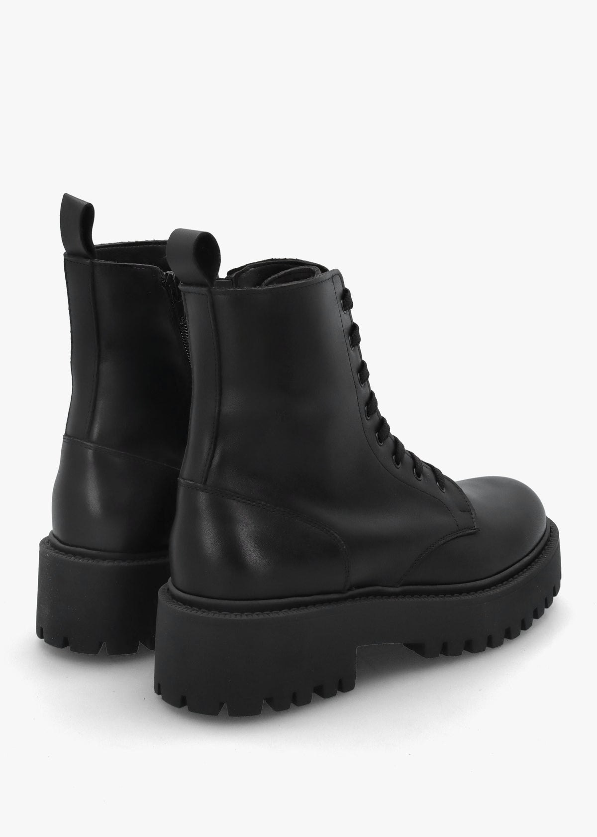 Black Leather Lace Up Chunky Ankle Boots