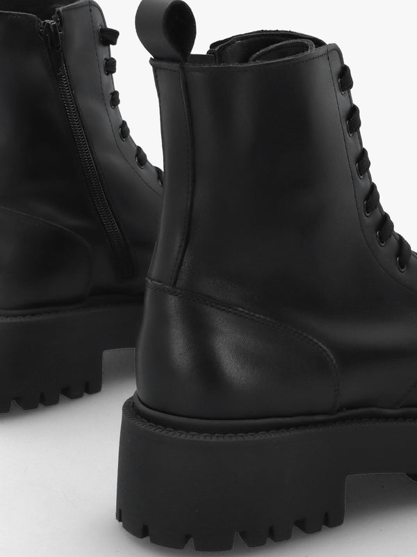 Black Leather Lace Up Chunky Ankle Boots