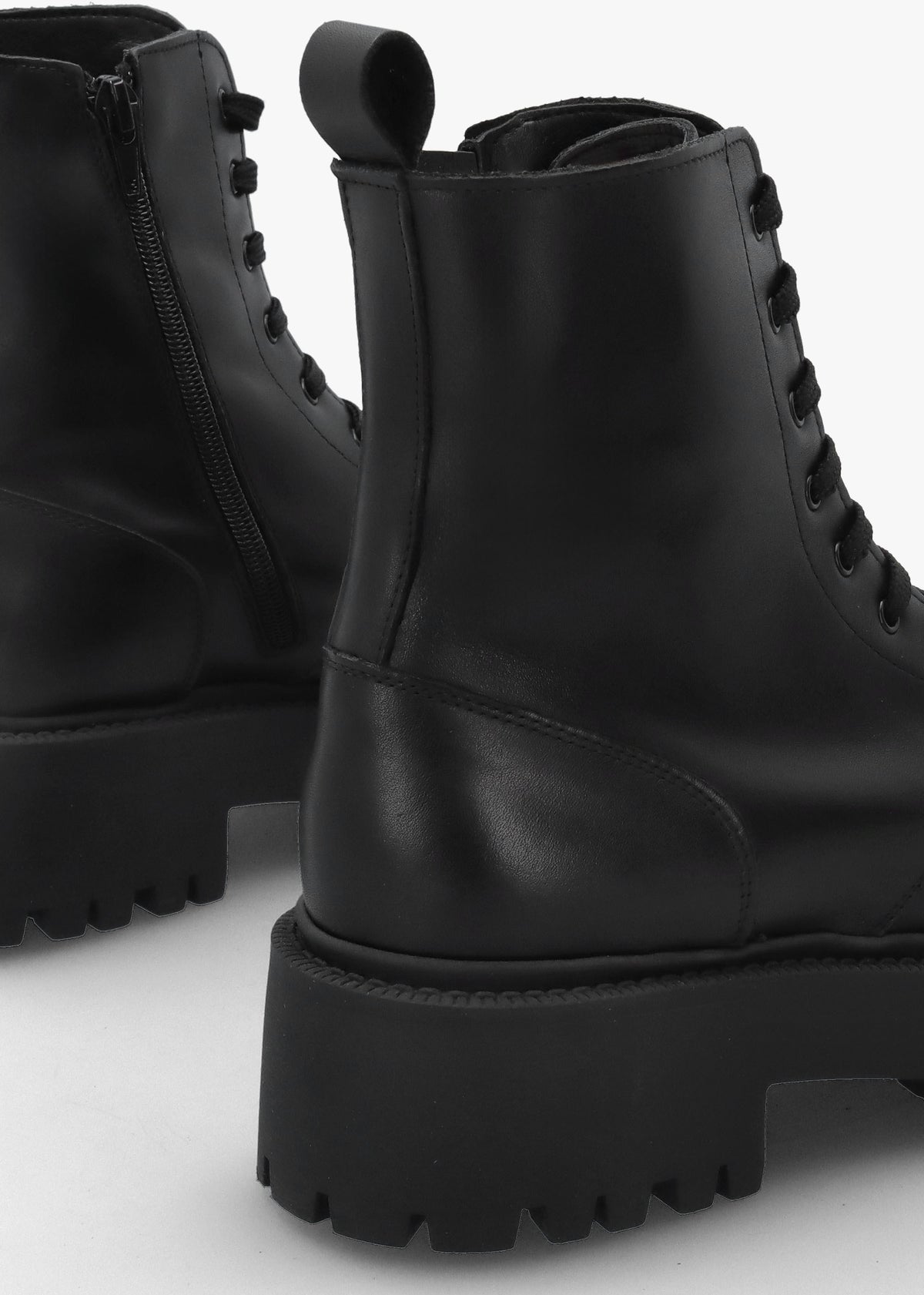 Black Leather Lace Up Chunky Ankle Boots