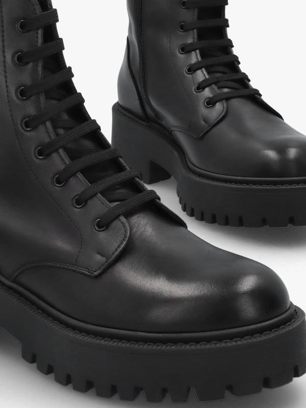 Black Leather Lace Up Chunky Ankle Boots