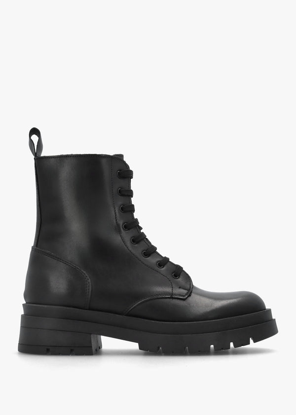 Black Leather Lace Up Biker Boots