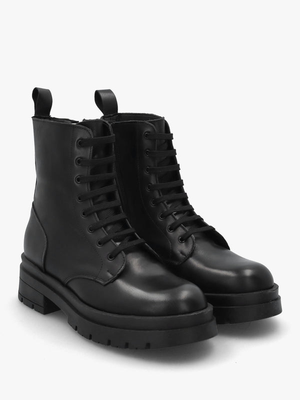 Black Leather Lace Up Biker Boots