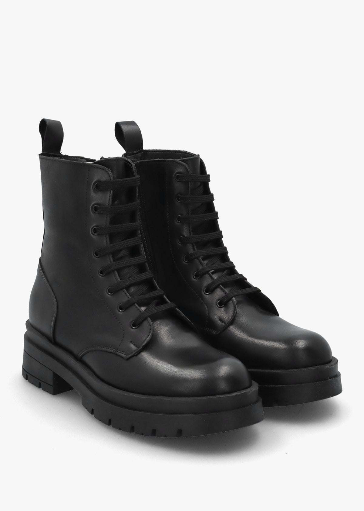 Black Leather Lace Up Biker Boots