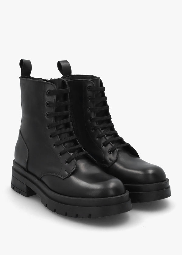 Black Leather Lace Up Biker Boots