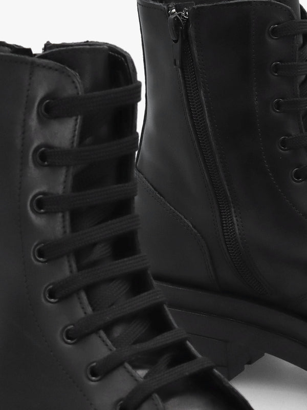 Black Leather Lace Up Biker Boots