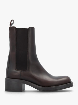Dark Brown Leather Curved Square Toe Block Heel Chelsea Boots