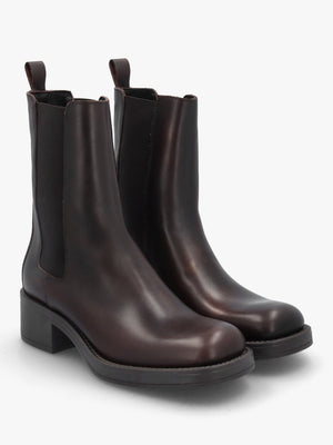 Dark Brown Leather Curved Square Toe Block Heel Chelsea Boots